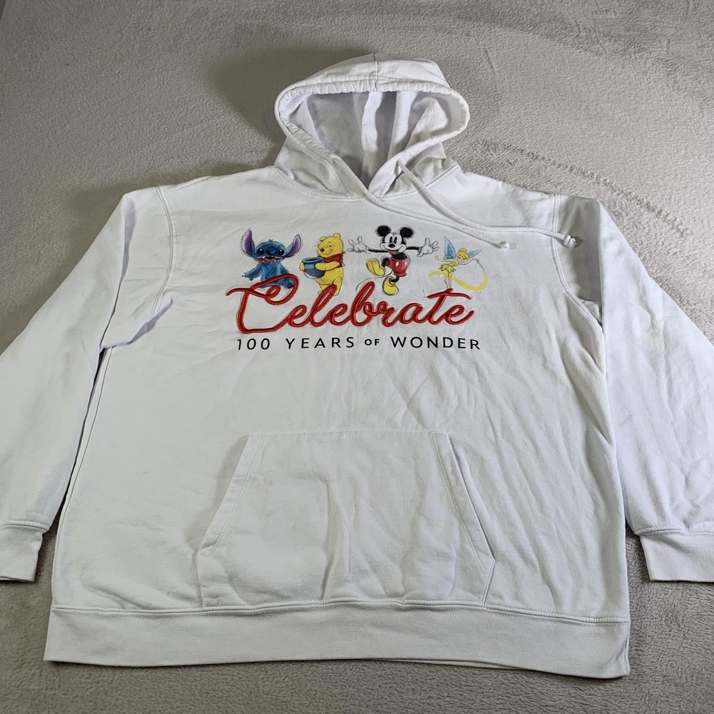 Disney Hoodie Women 3XL White 100 Years Of Wonder Mickey Pooh Stitch Tinker Bell - Picture 2 of 9